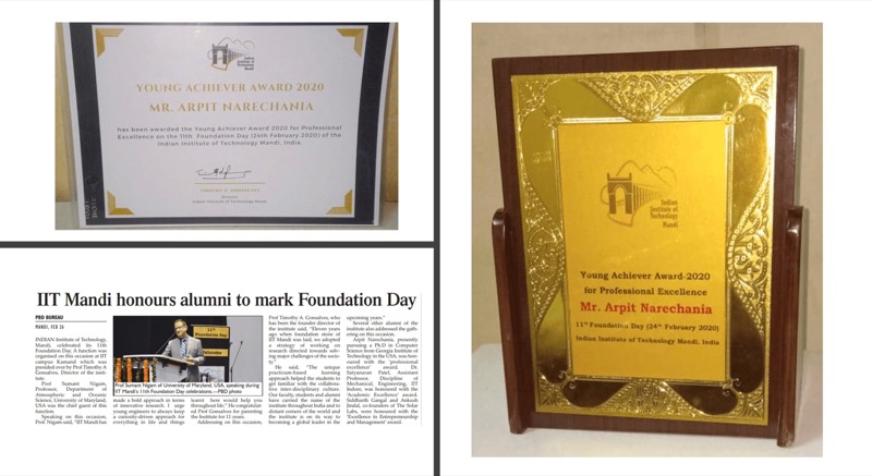 IIT Mandi Young Achiever Award 2020 for Professional Excellence awarded to Arpit Narechania