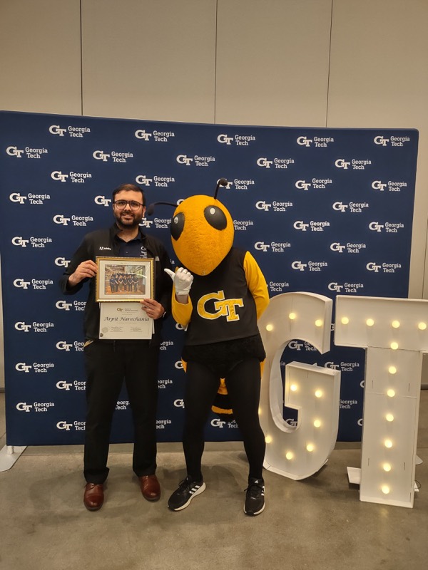 Arpit Narechania with Buzz at the Georgia Tech Center for Teaching and Learning award event